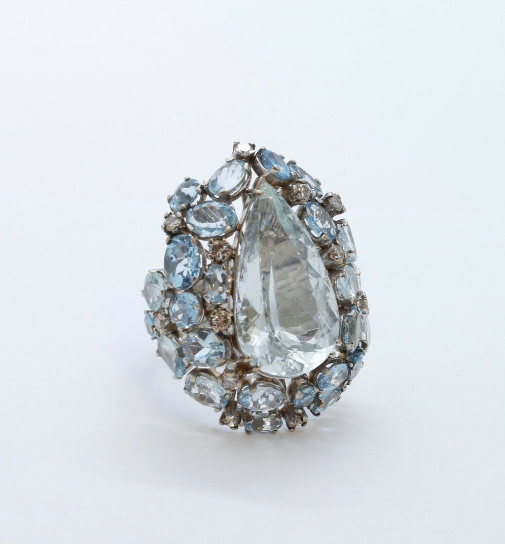 Large Aquamarine Diamonds 18K White Gold Statement Cocktail Ring