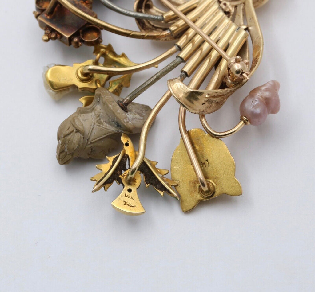 Vintage 14K Gold Stick Pin Conversion Brooch, Enamel Sapphire, Pearl.
