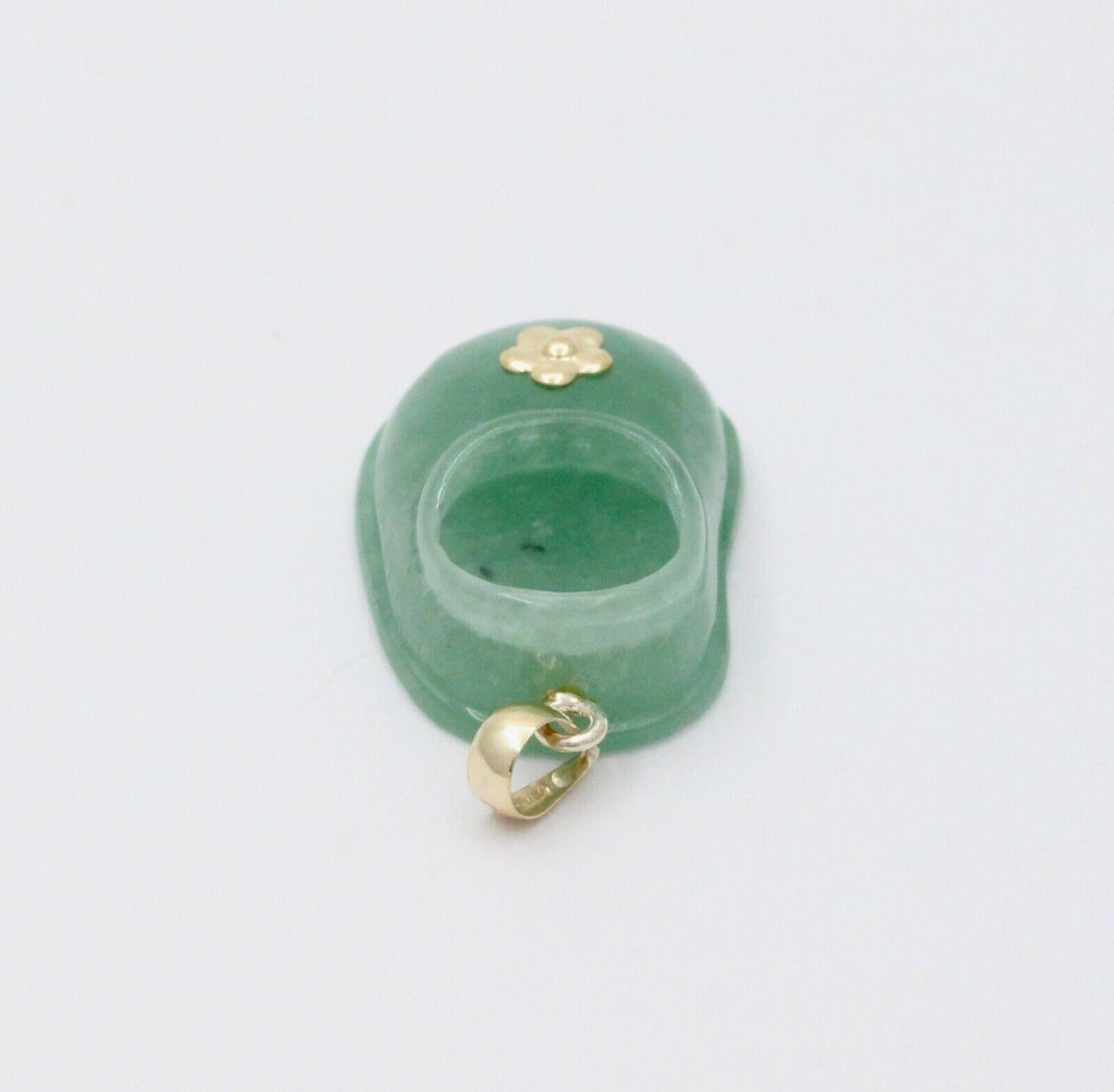 Vintage Translucent Green Jade Shoe Pendant 14K Yellow Gold