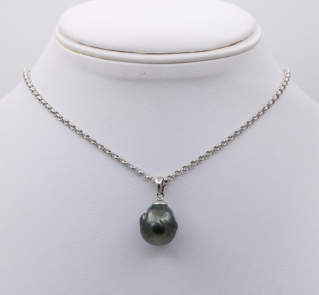 Vintage Tahitian Black Pearl Pendant and Chain 14K White Gold