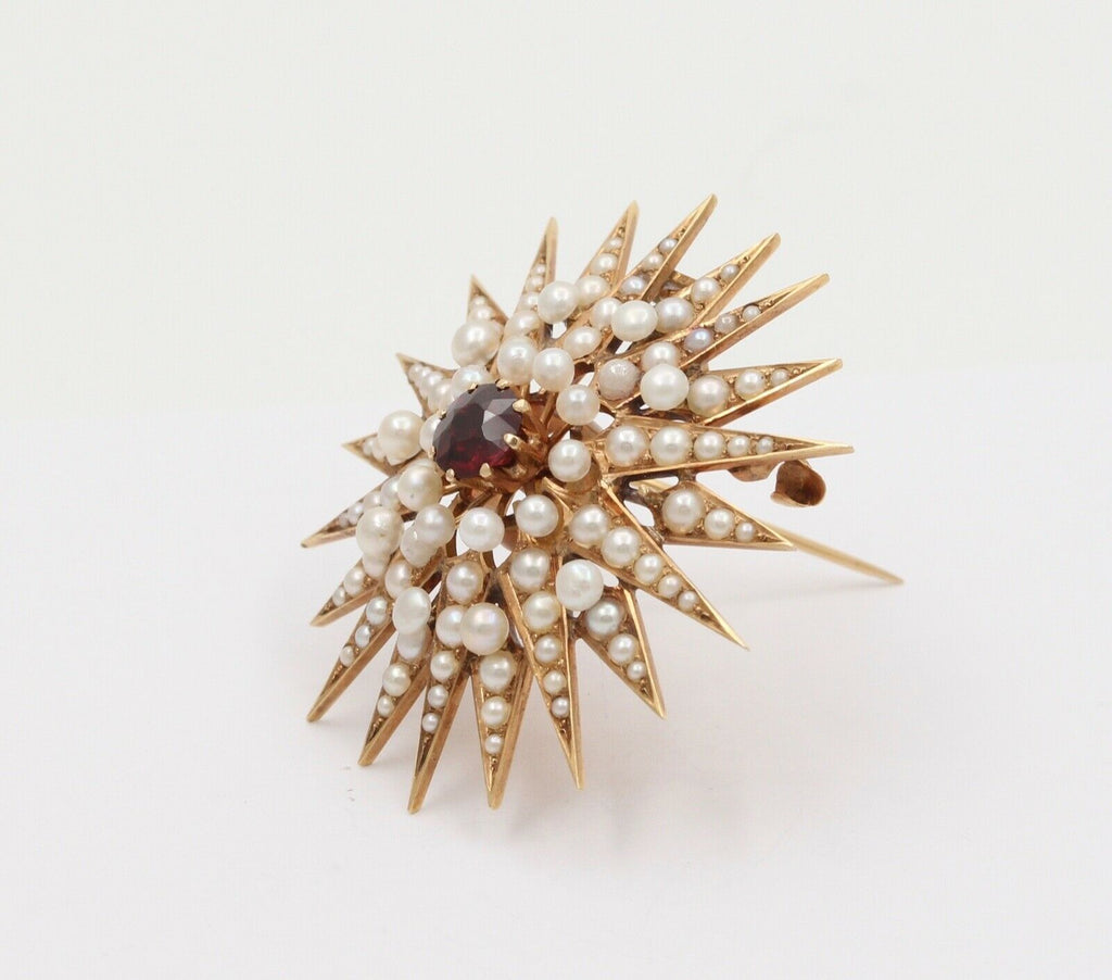Victorian Starburst 14K Yellow Gold Garnet Seed Pearls Pendant Brooch Pin