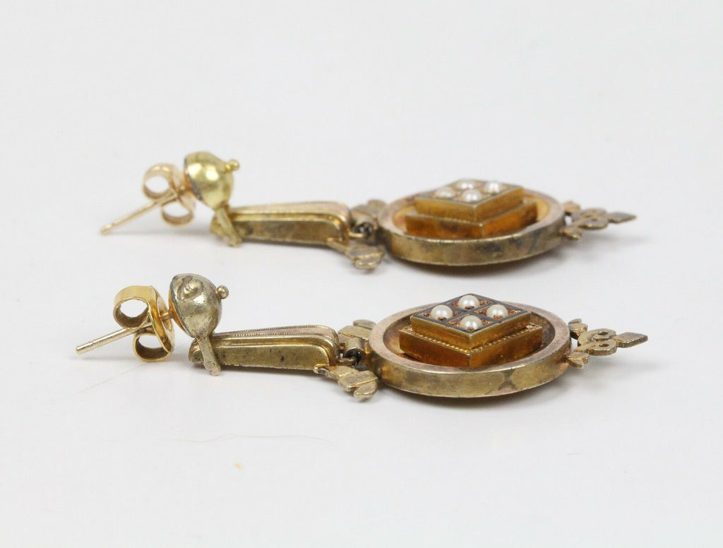 Victorian 18K Yellow Gold Seed Pearls Hanging Earrings