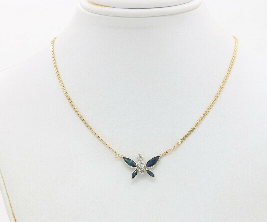 Vintage 14K Yellow Gold Diamond Sapphire Butterfly Pendant