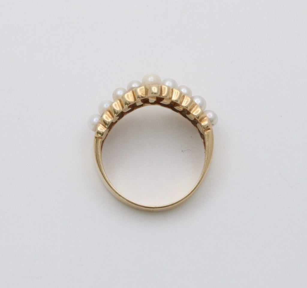 Vintage V Shape 14K Yellow Gold Pearl & Diamond Ring