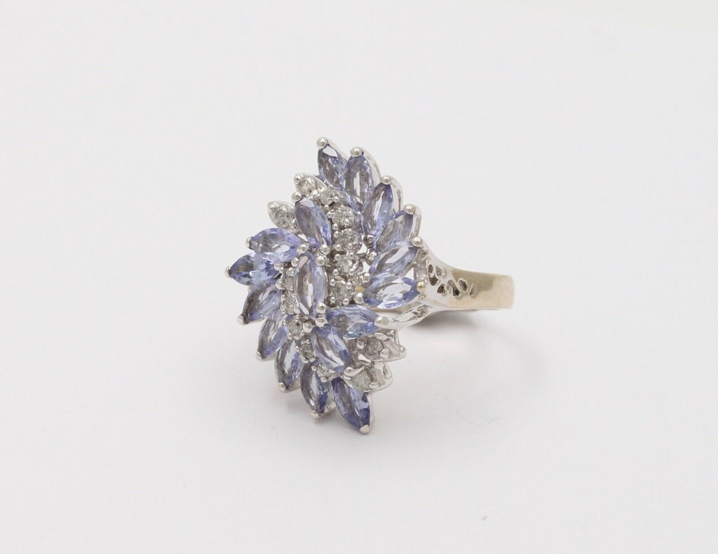 Vintage Tanzanite Diamonds 14K White Gold Pinwheel Cluster Ring