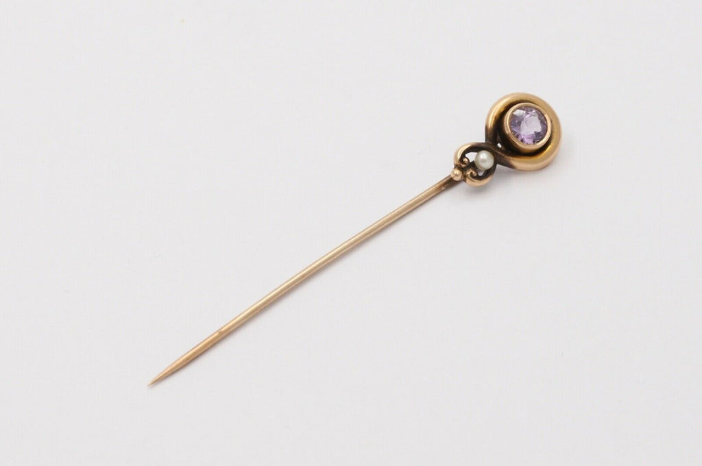 Victorian 14K Yellow Gold Amethyst Pearl Stick Pin