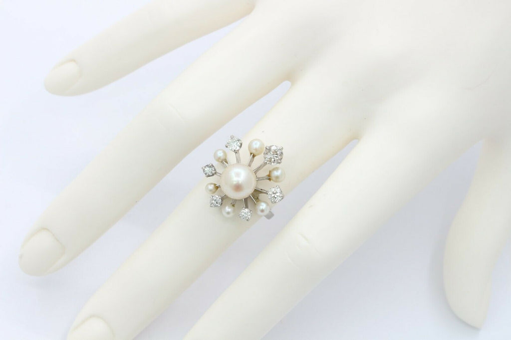 Vintage 14K White Gold Old European Cut Diamond Pearl Ring