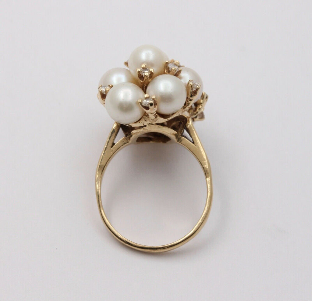 Vintage Pearls Diamonds 14K Yellow Gold Cluster Ring