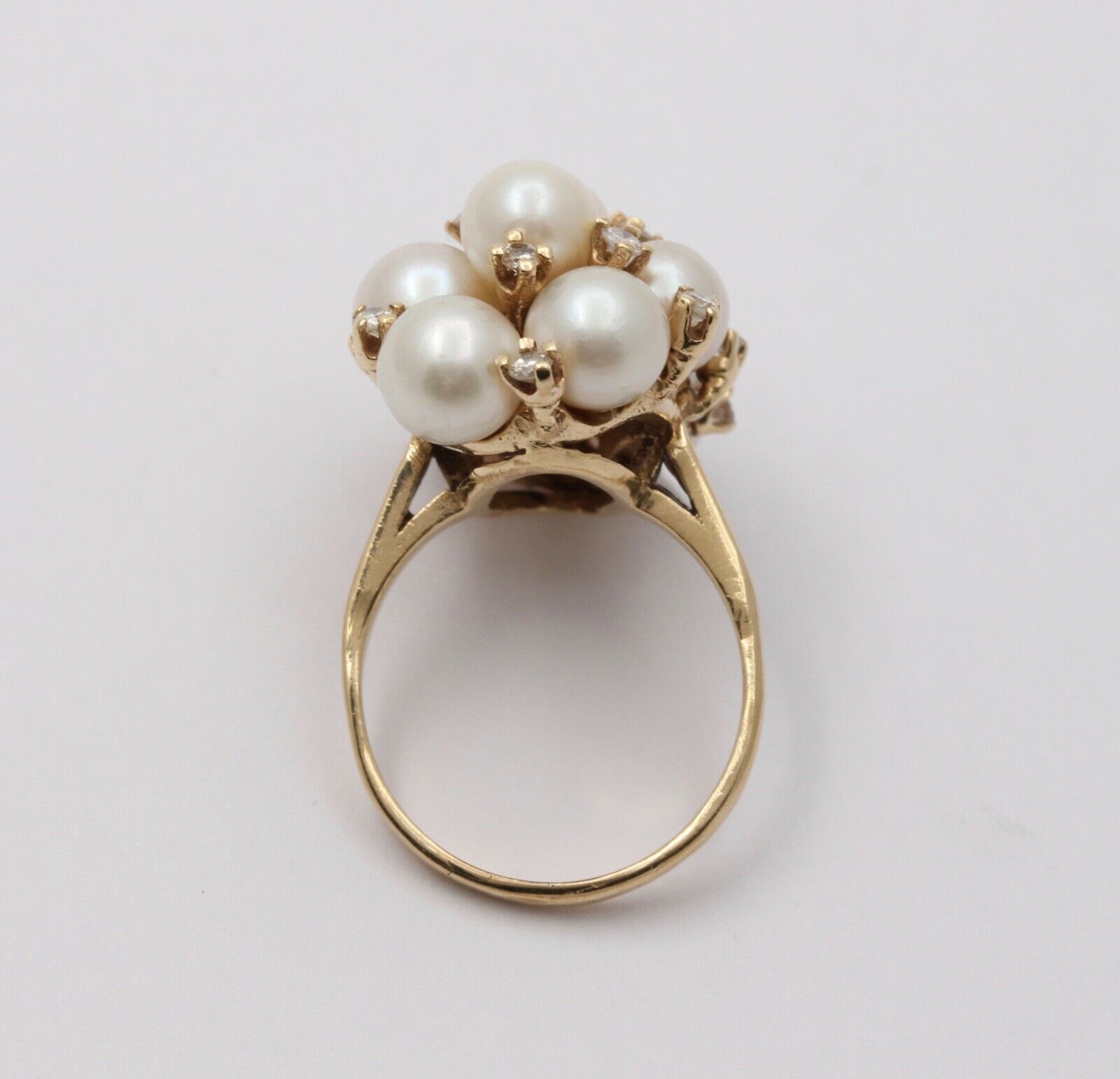 Vintage Pearls Diamonds 14K Yellow Gold Cluster Ring