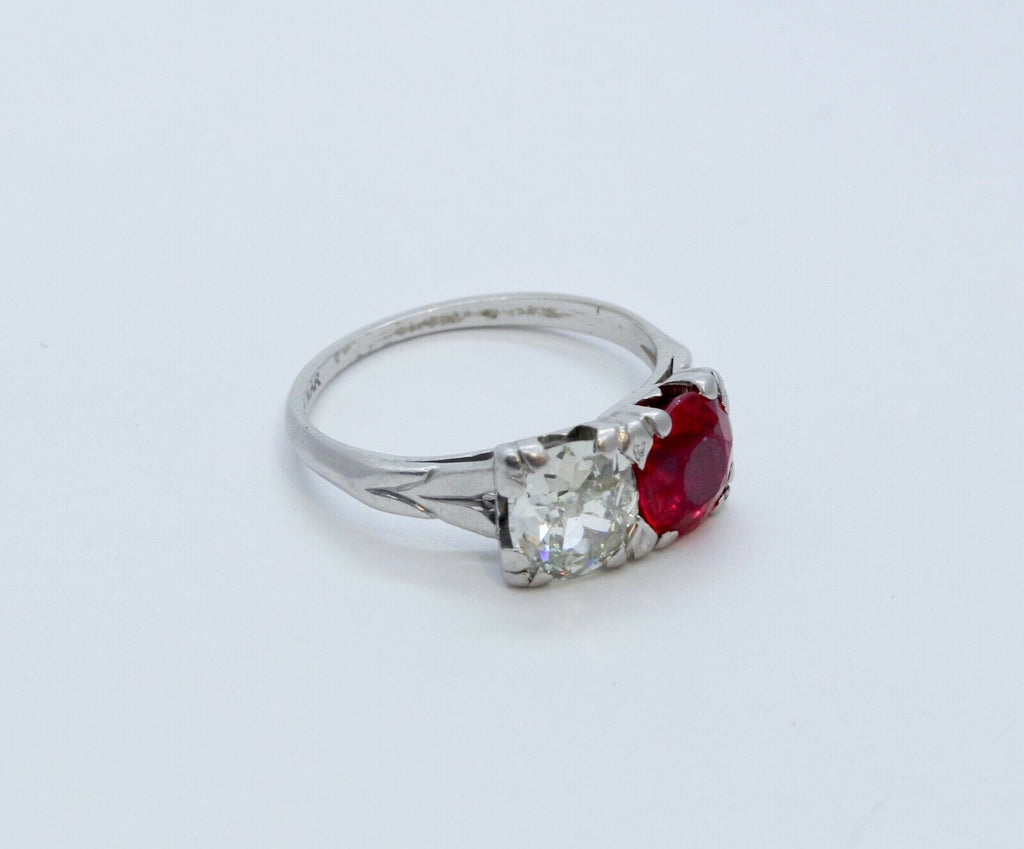 Art Deco Ladies Large Diamond Ruby Platinum Ring