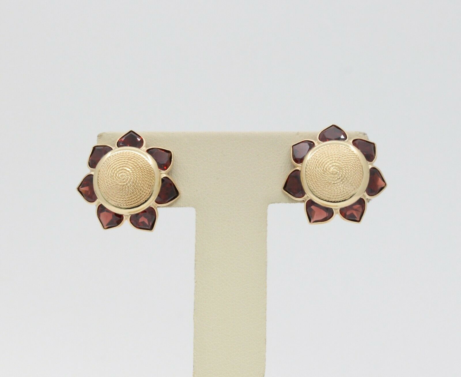 Vintage 14K Yellow Gold Garnet Sun Flower Earrings