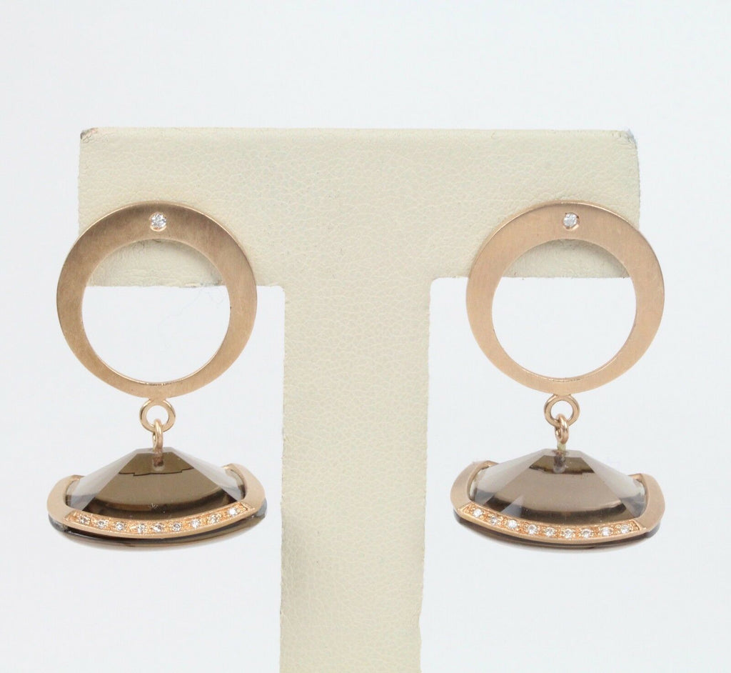 Retro French Denair 18K Rose Gold Smoky Quartz & Diamonds Dangling Earrings