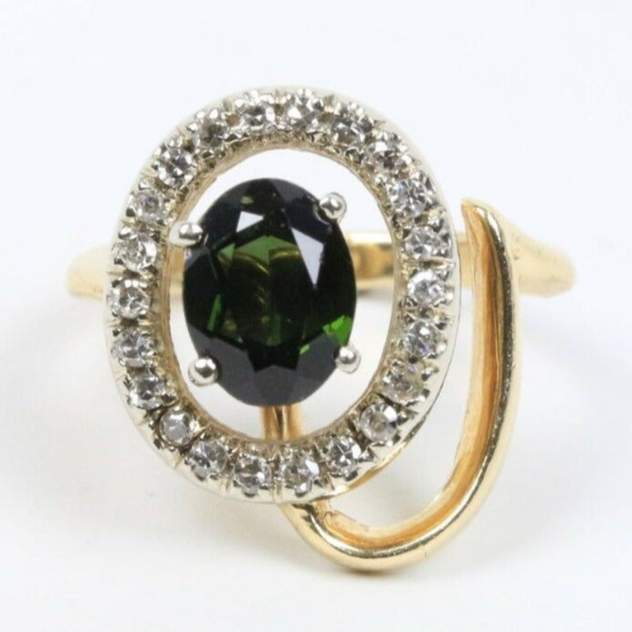 Vintage 14K Yellow Gold Green Tourmaline Diamonds Ring
