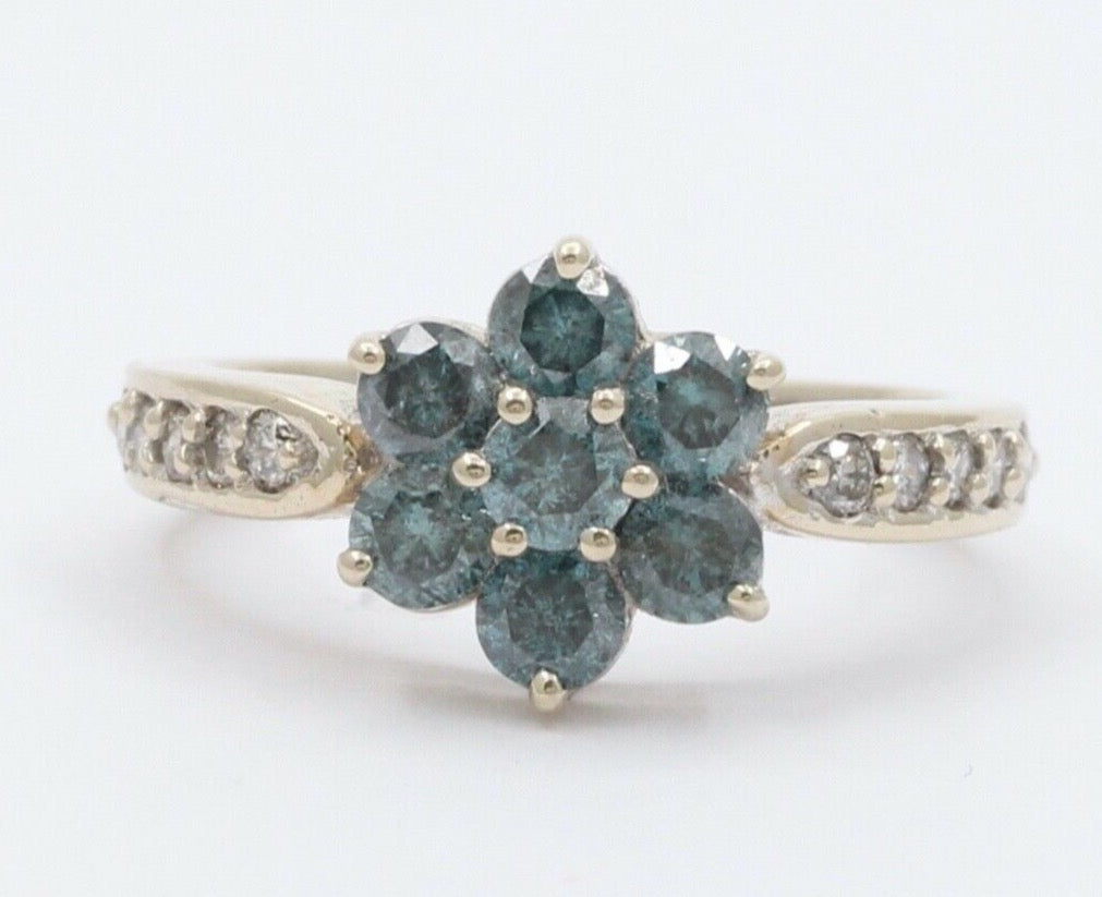 Vintage 14K White Gold Blue Diamond Floral Ring