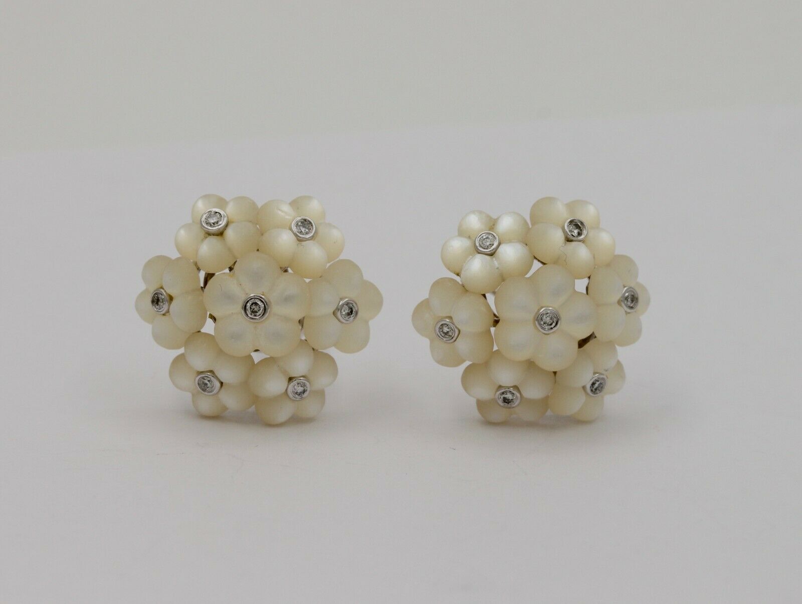 Vintage 14K White Gold Moon Stone Diamond Floral Omega Back Earrings