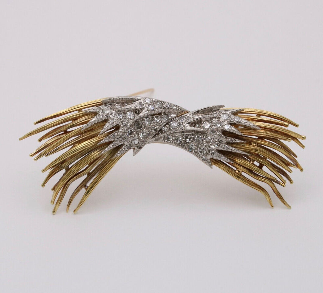 Vintage Angel Wings Diamonds Yellow White Gold Brooch