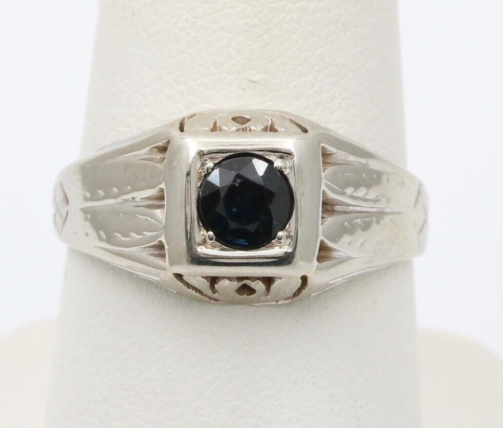 Art Deco Sapphire 14K White Gold Unisex Ring Band