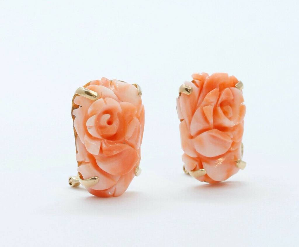 Carved Coral Flower 14K Yellow Gold Earrings