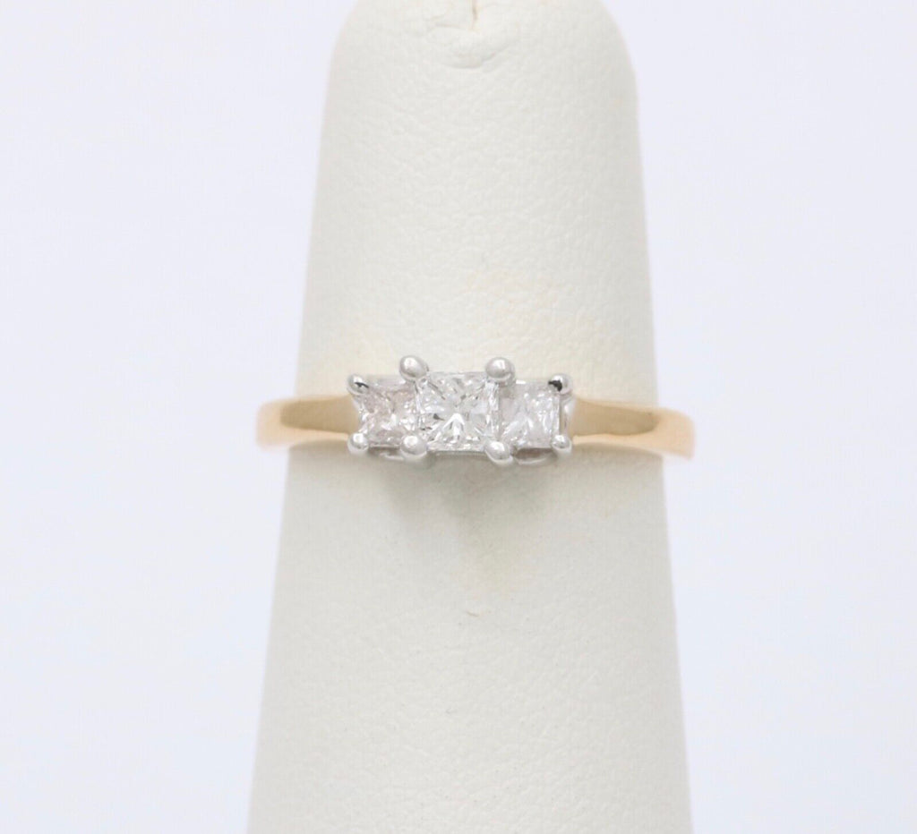 Vintage 14K Gold & Platinum Princess Cut Three Stone Diamonds Engagement Ring, R