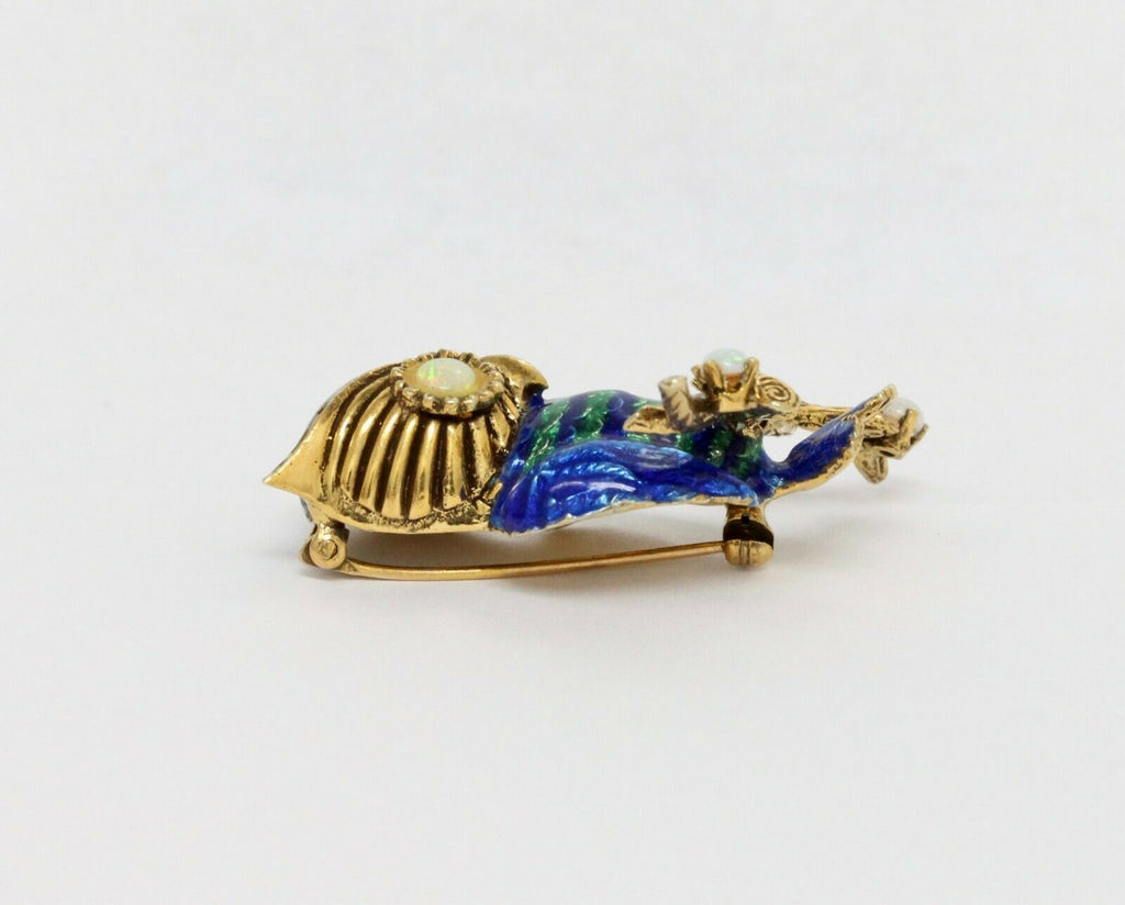 Vintage Enamel 18K Yellow Gold Opal Owl Brooch