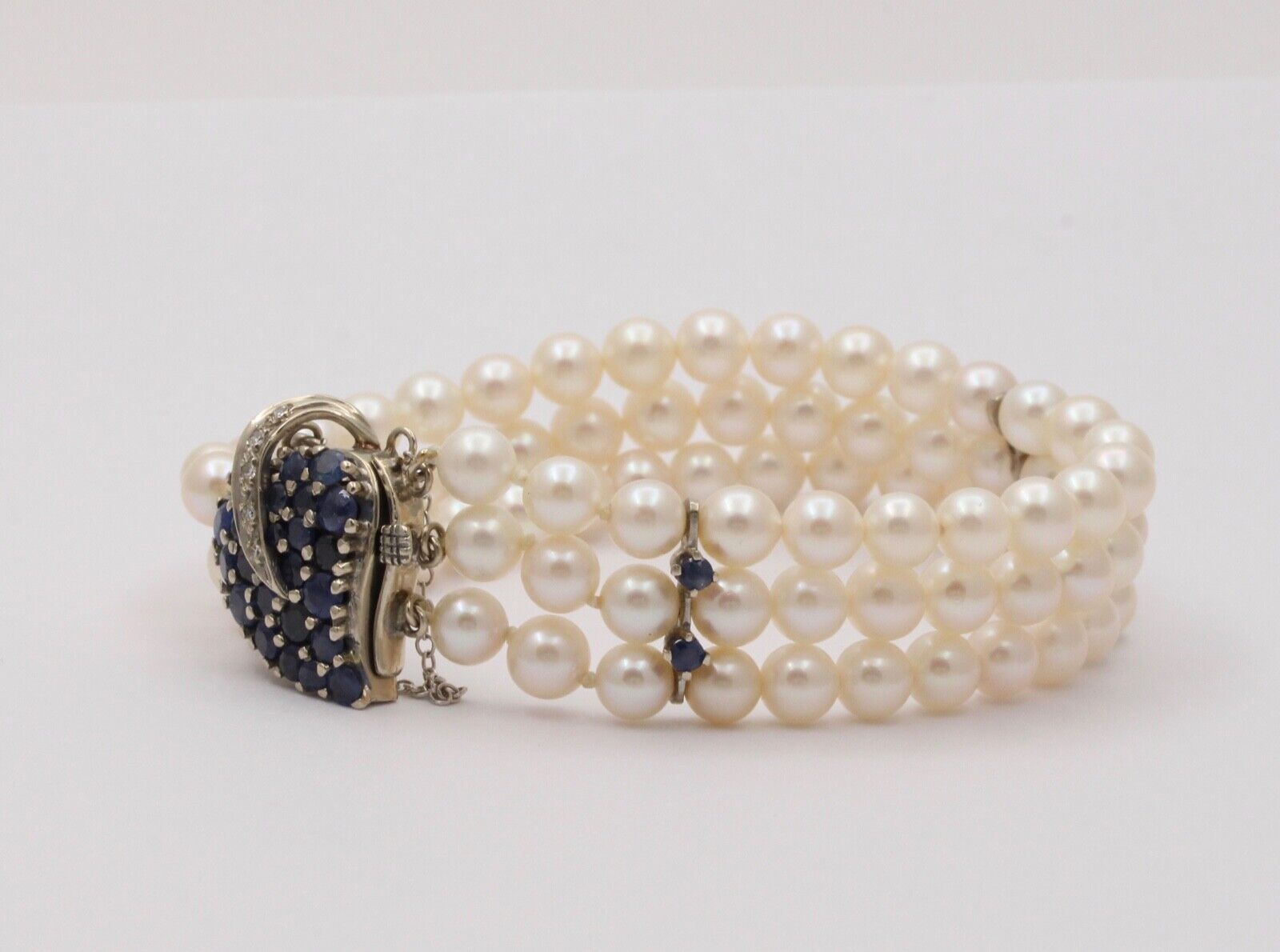 Vintage 3 Strand Beaded Pearl, Sapphire and Diamond Bracelet