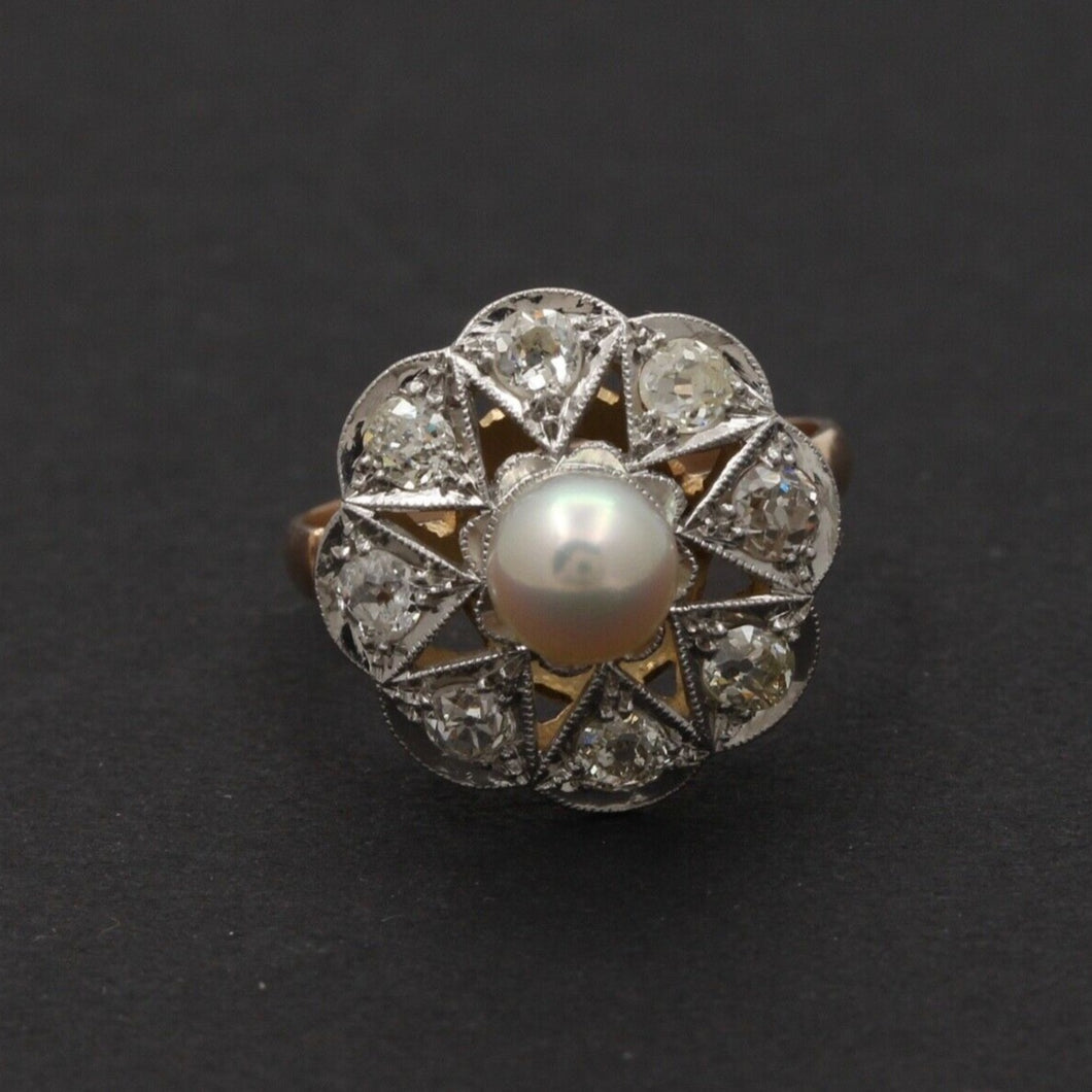 Edwardian Old European Diamonds Natural Pearl Platinum 18K YG Ring