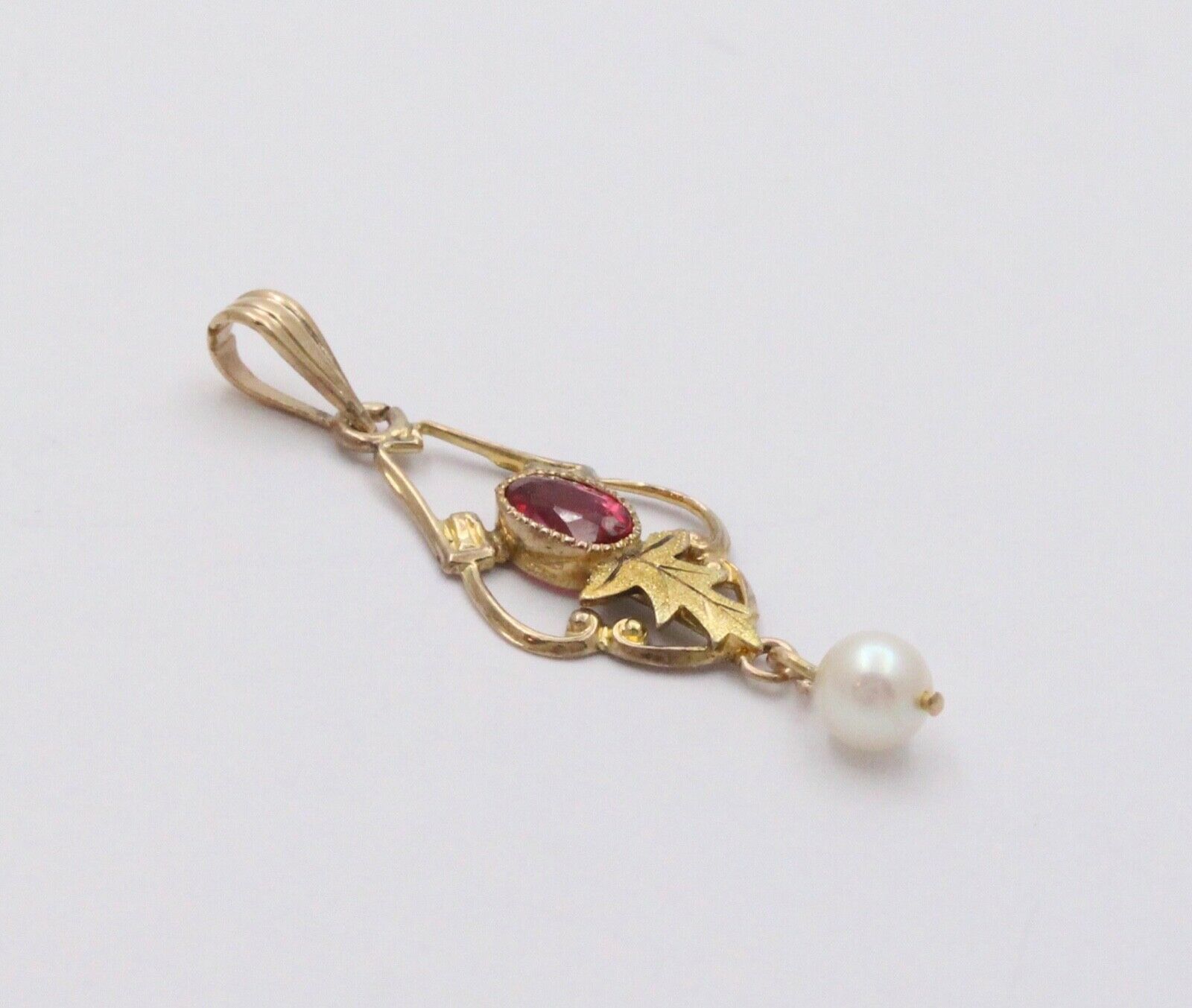 Antique Art Nouveau 10K Yellow Gold Pink Tourmaline & Pearl Charm, Teardrop Pend