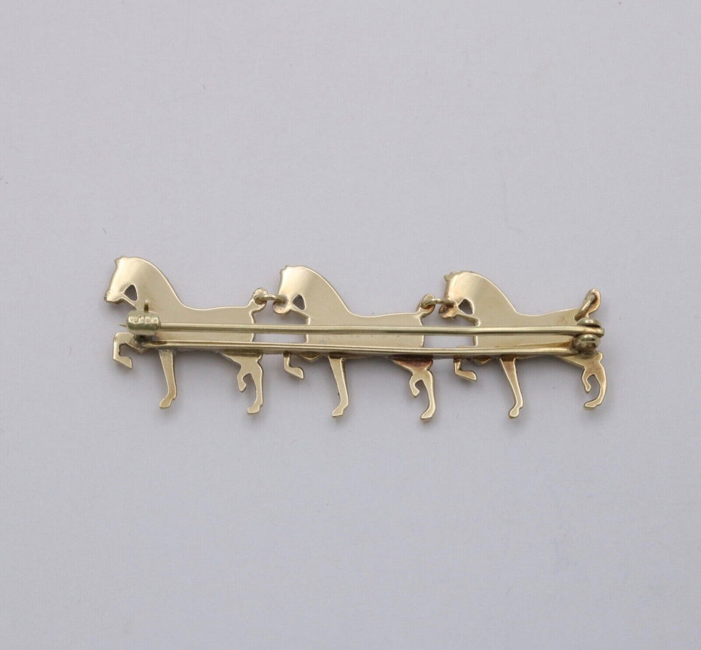 Victorian Hackney Horses Seed Pearls Red Enamel 14K Yellow Gold Brooch