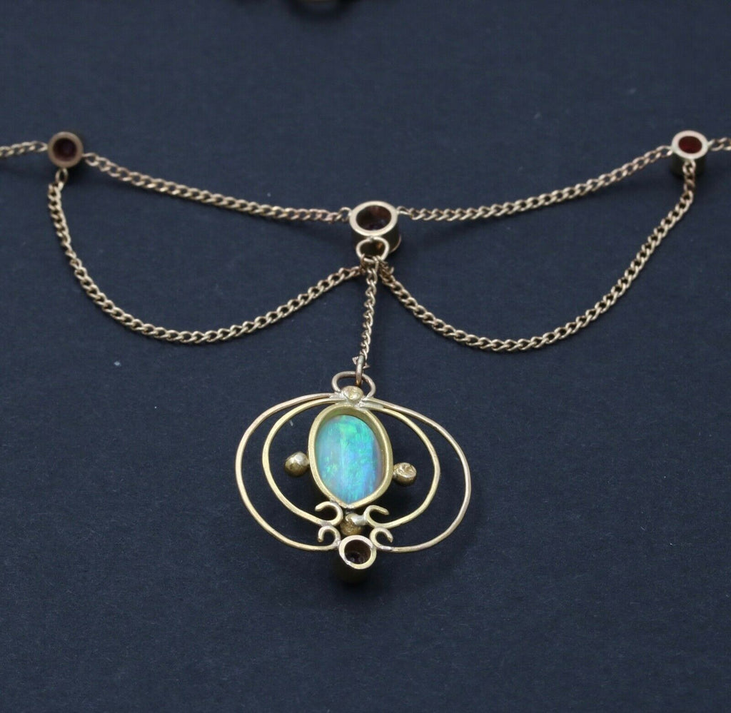 Art Nouveau 14K Yellow Gold Opal & Pink Tourmaline Festoon Necklace, Pendant.