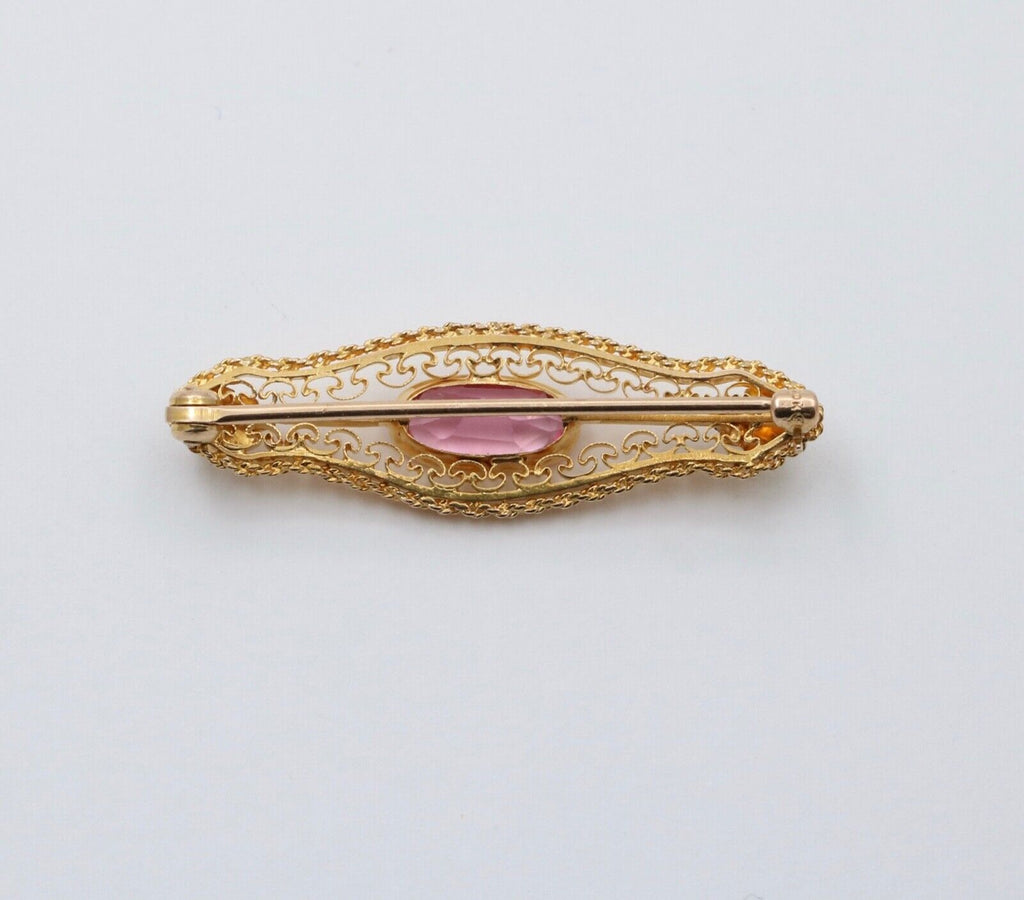 Vintage Pink Tourmaline 10K Yellow Gold Brooch Pin