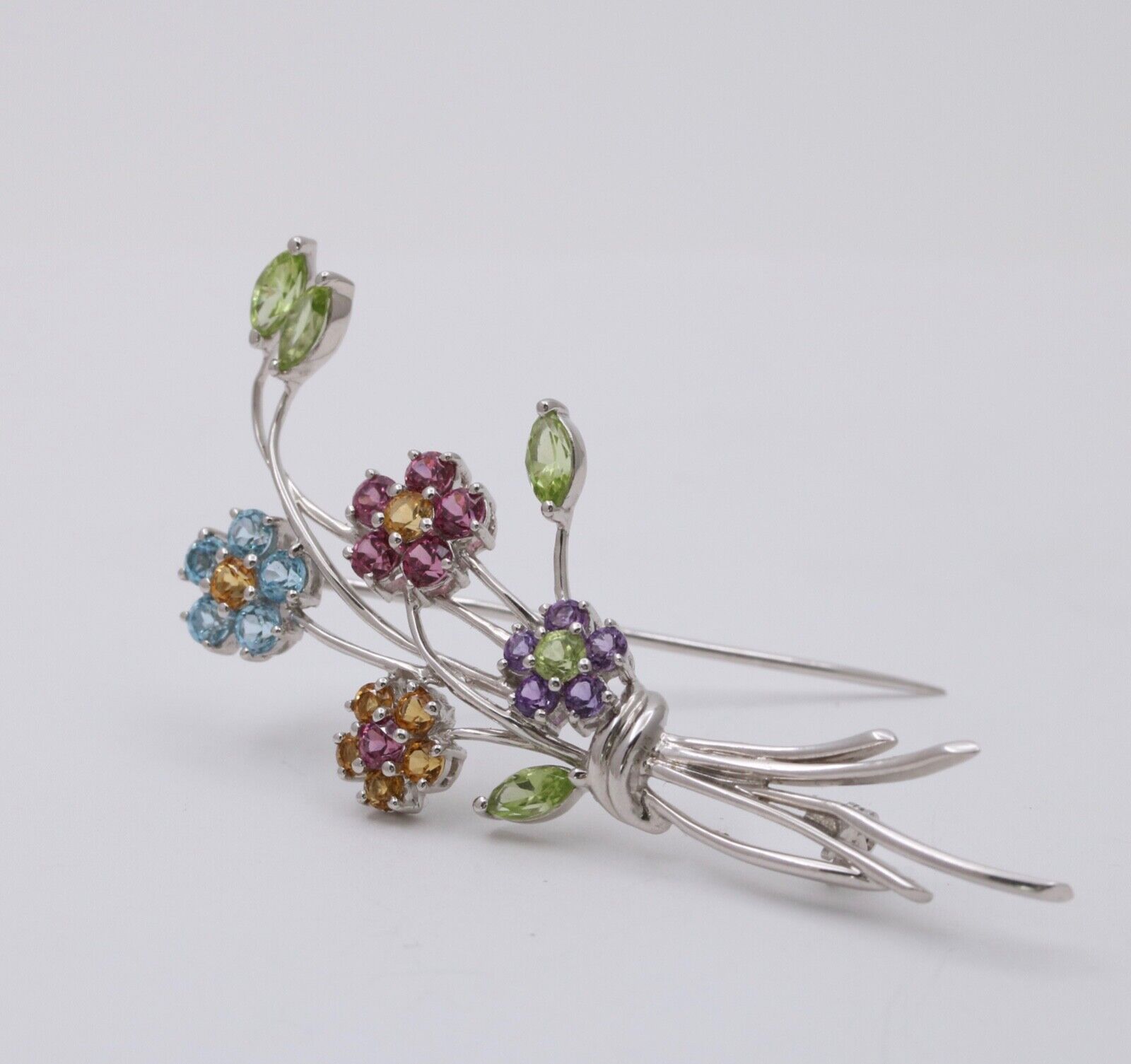 Vintage Flower Bouquet Multi Stone 14K White Gold Brooch