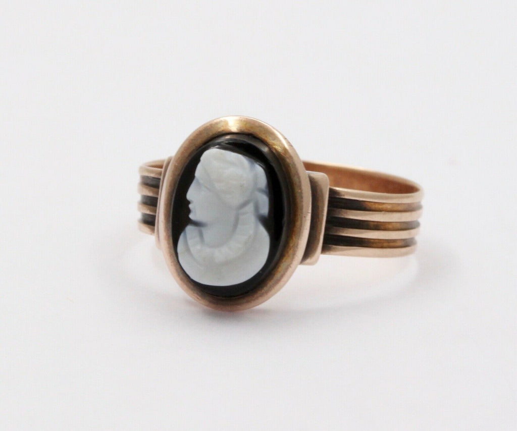 Antique Victorian Carved Black Onyx Woman's Portrait Rose Gold Ring Band.