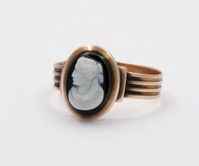 Load image into Gallery viewer, Antique Victorian Carved Black Onyx Woman&#39;s Portrait Rose Gold Ring Band.
