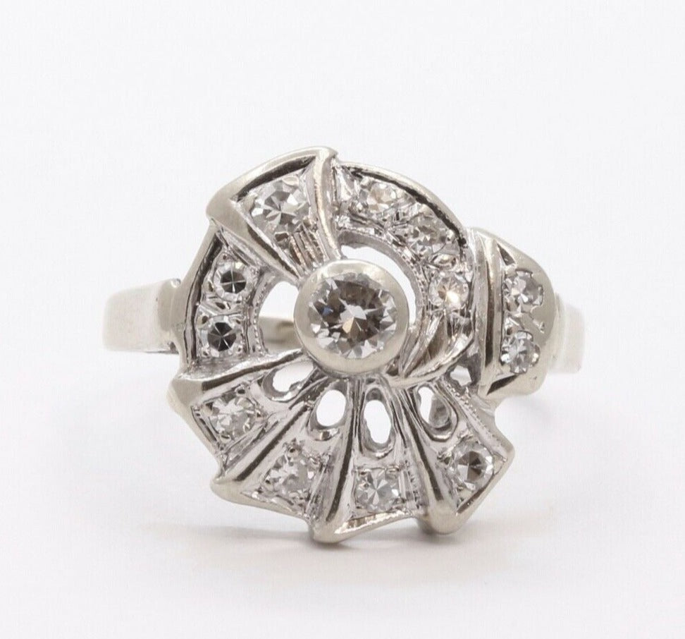 Stylish Art Deco Ladies 14K White Gold Diamonds Ring