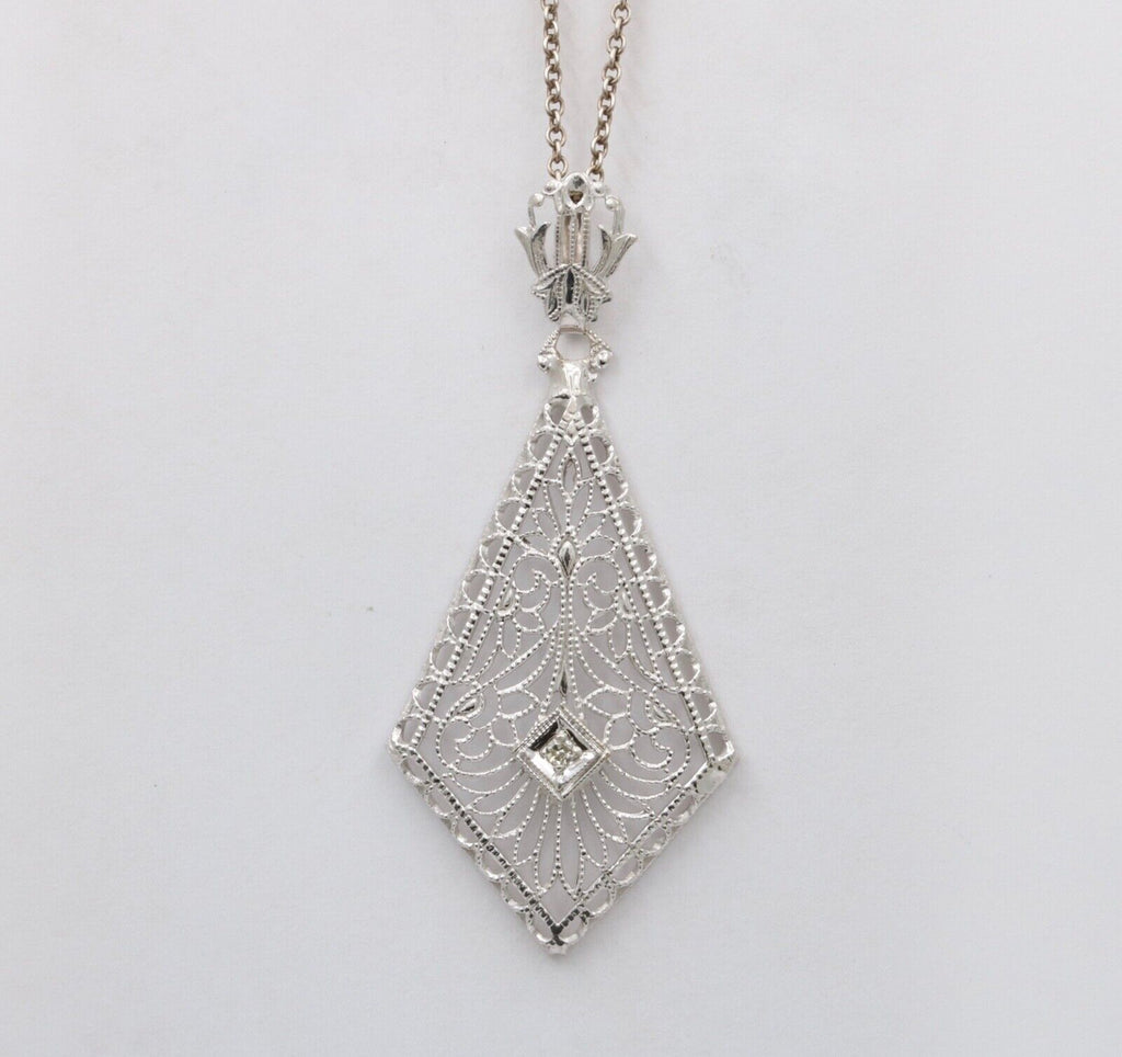Art Deco 14K White Gold Filigree Diamond Pendant Necklace