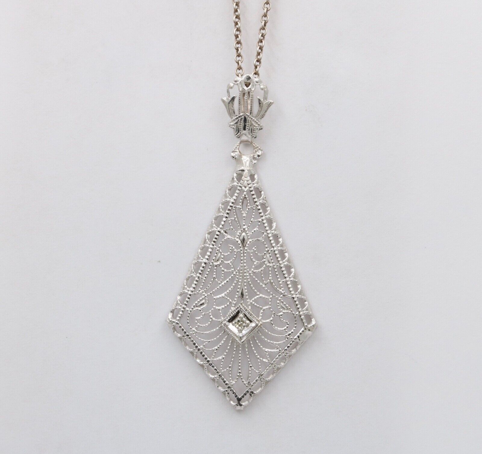 Art Deco 14K White Gold Filigree Diamond Pendant Necklace