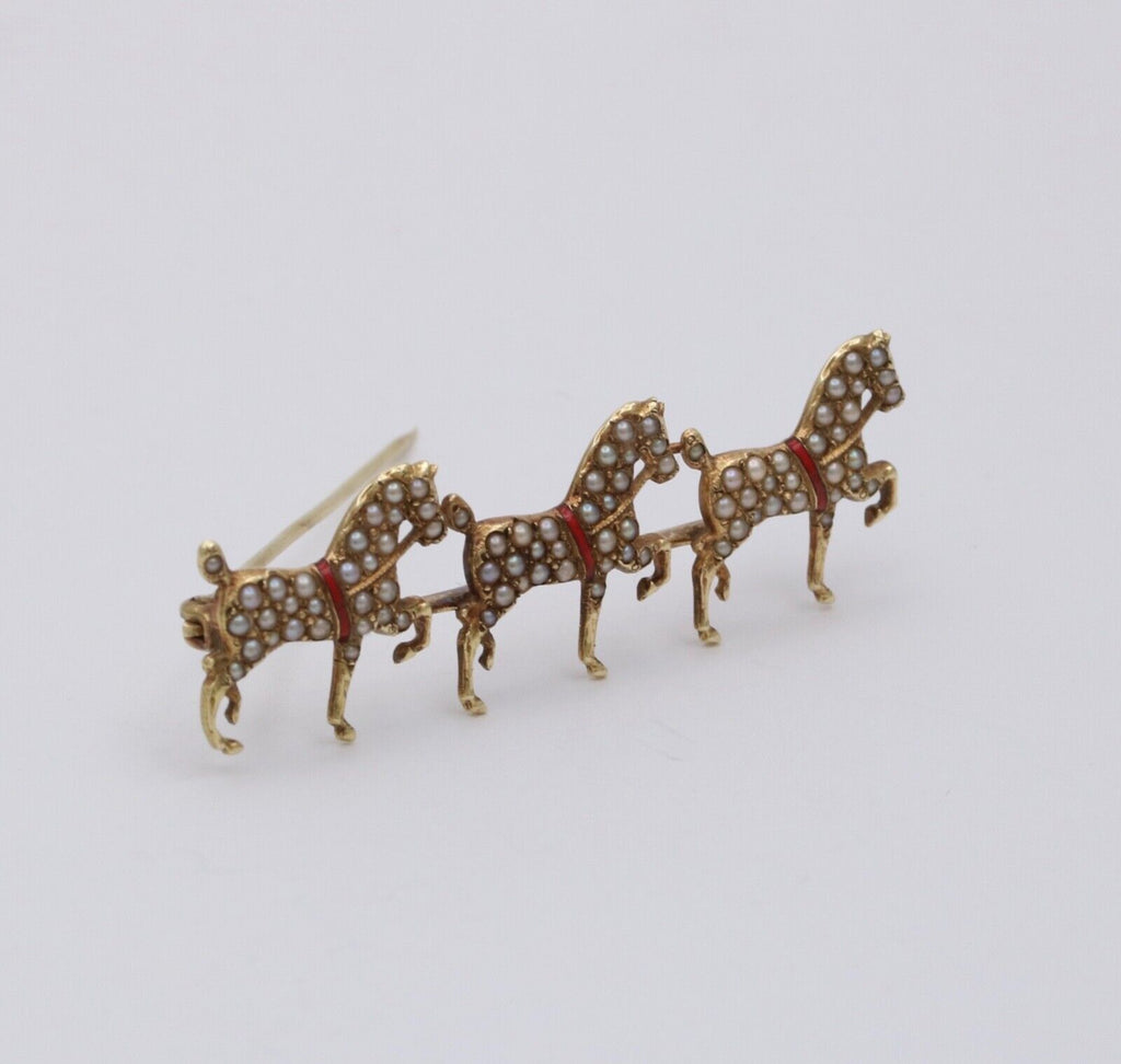 Victorian Hackney Horses Seed Pearls Red Enamel 14K Yellow Gold Brooch