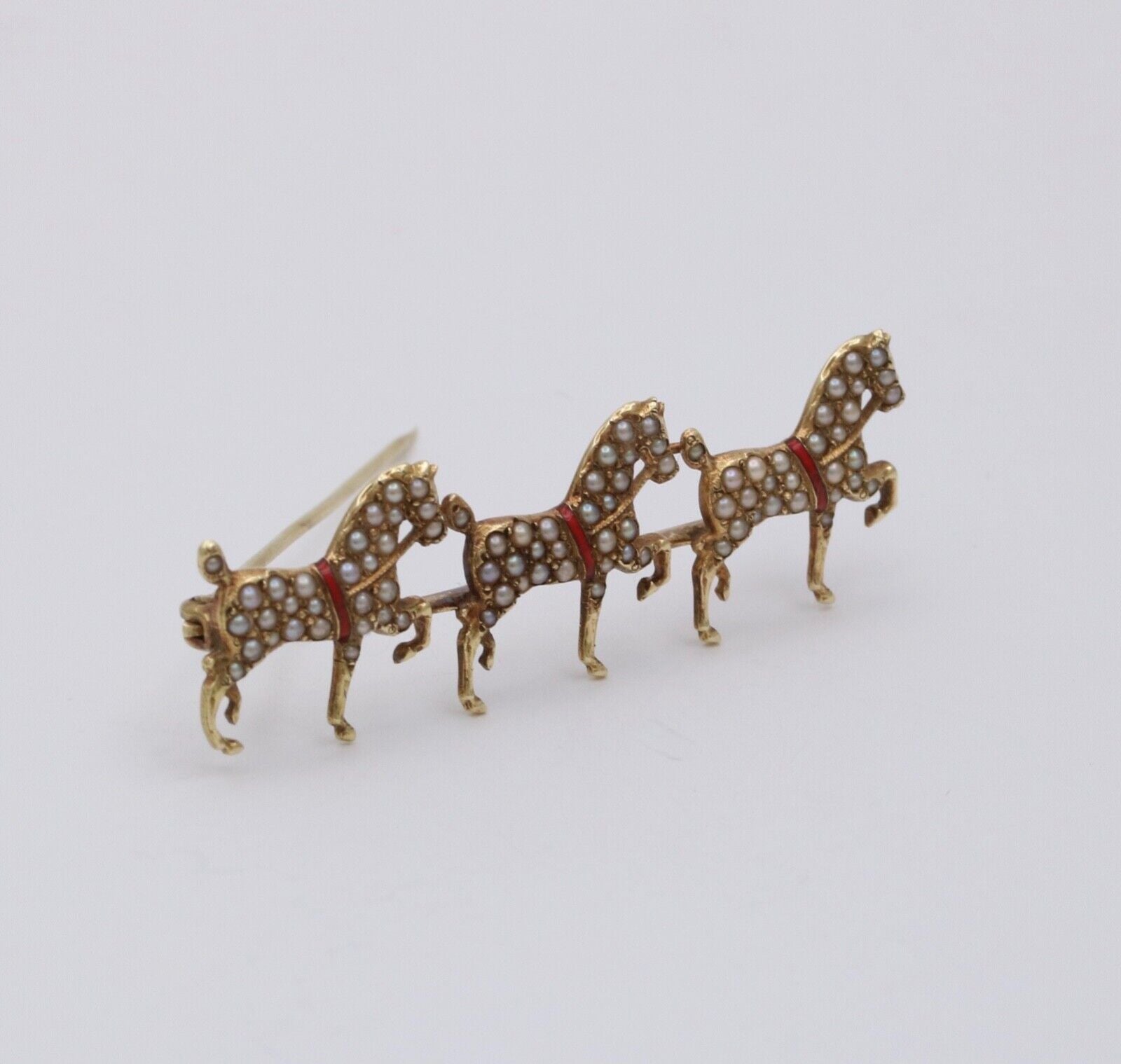 Victorian Hackney Horses Seed Pearls Red Enamel 14K Yellow Gold Brooch