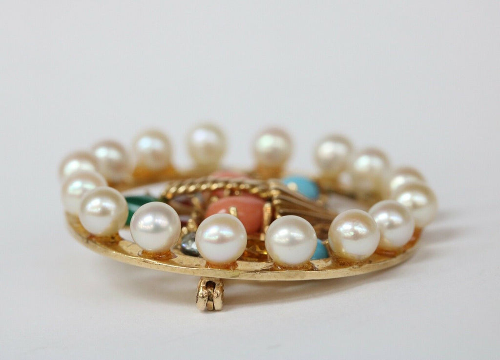 Beautiful Vintage Multi Stone Flower Basket Brooch