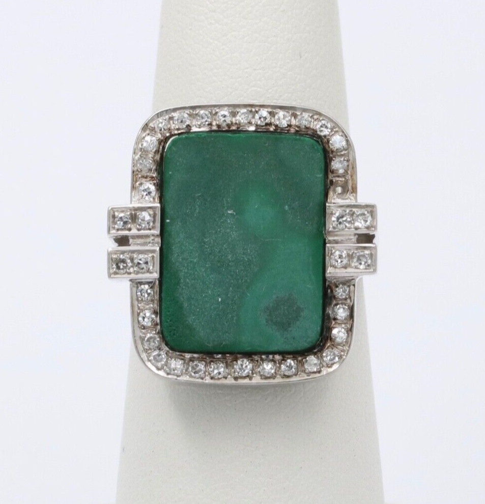 Vintage Aventurine and Diamond 14K White Gold Ring, Statement Ring 12.4 grams