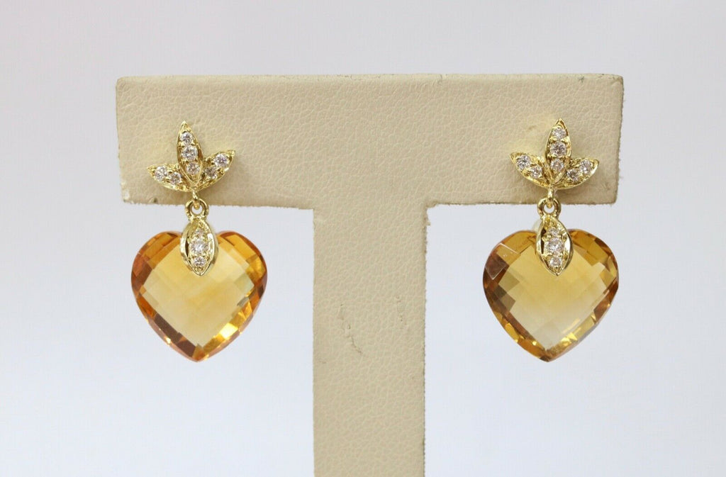 Vintage Ladies Heart Cut Citrine Diamonds 18K Yellow Gold Earrings