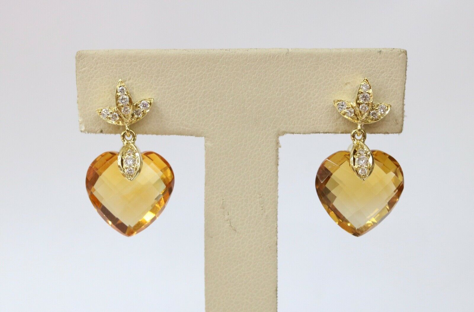 Vintage Ladies Heart Cut Citrine Diamonds 18K Yellow Gold Earrings