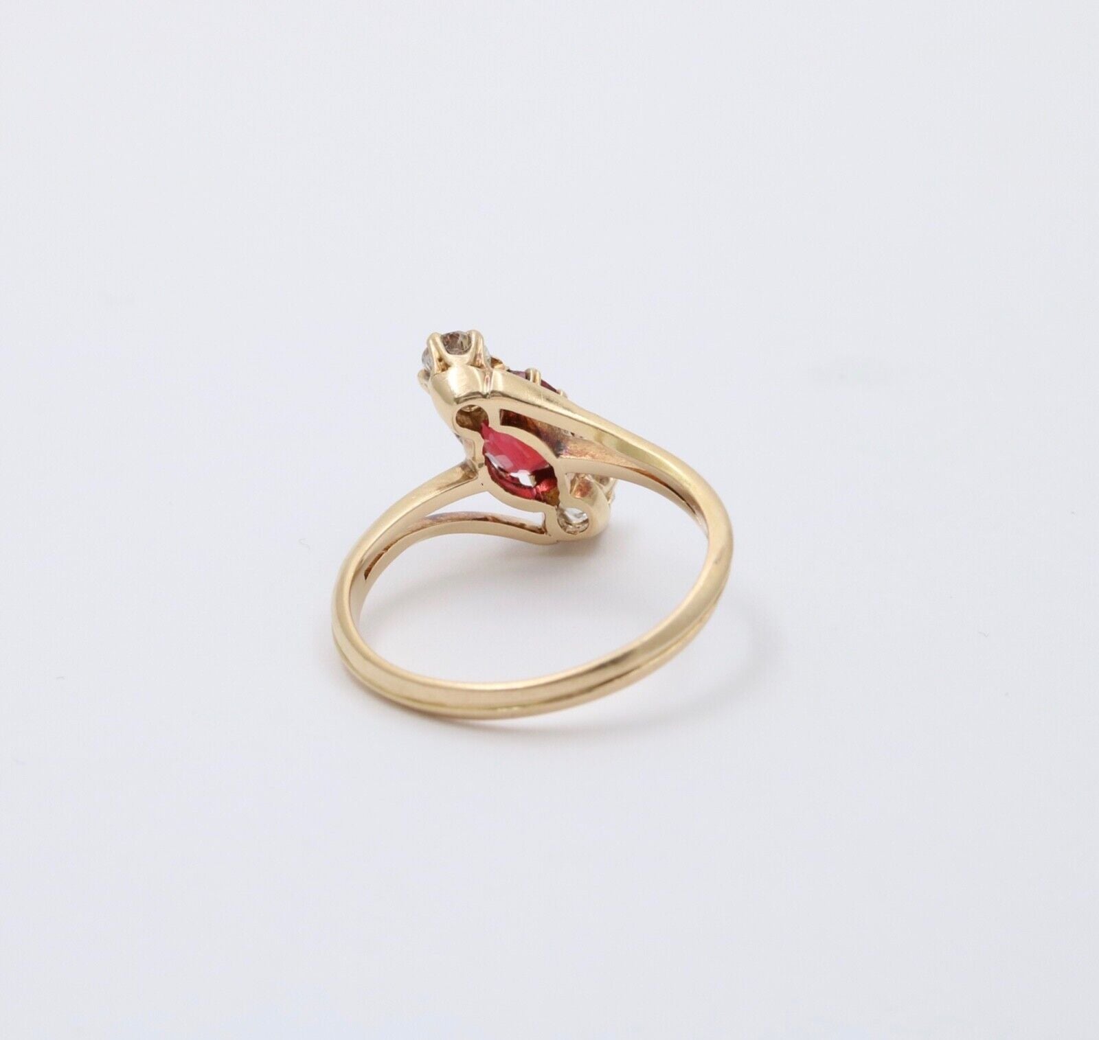 Antique 18K Yellow Gold Ruby And Diamond Bypass Three Stone Ring