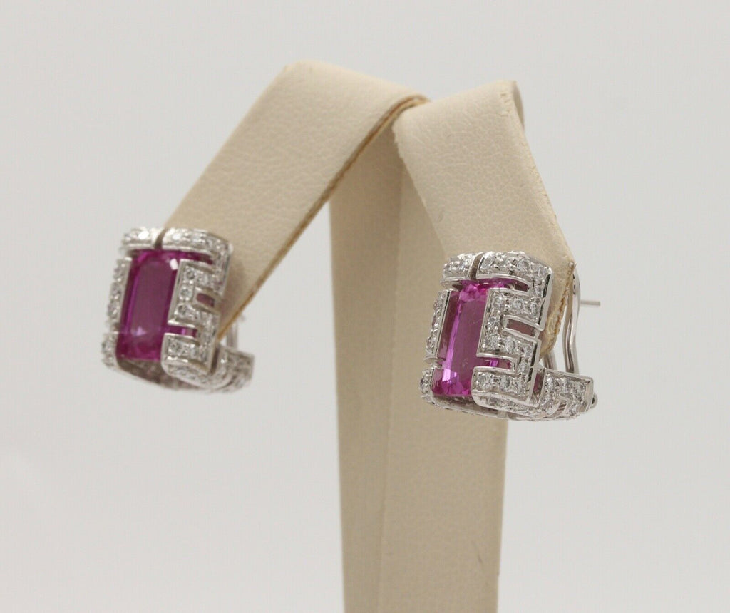 Vintage 18K White Gold Haggis’s Emerald Cut Pink Topaz Diamond Earrings
