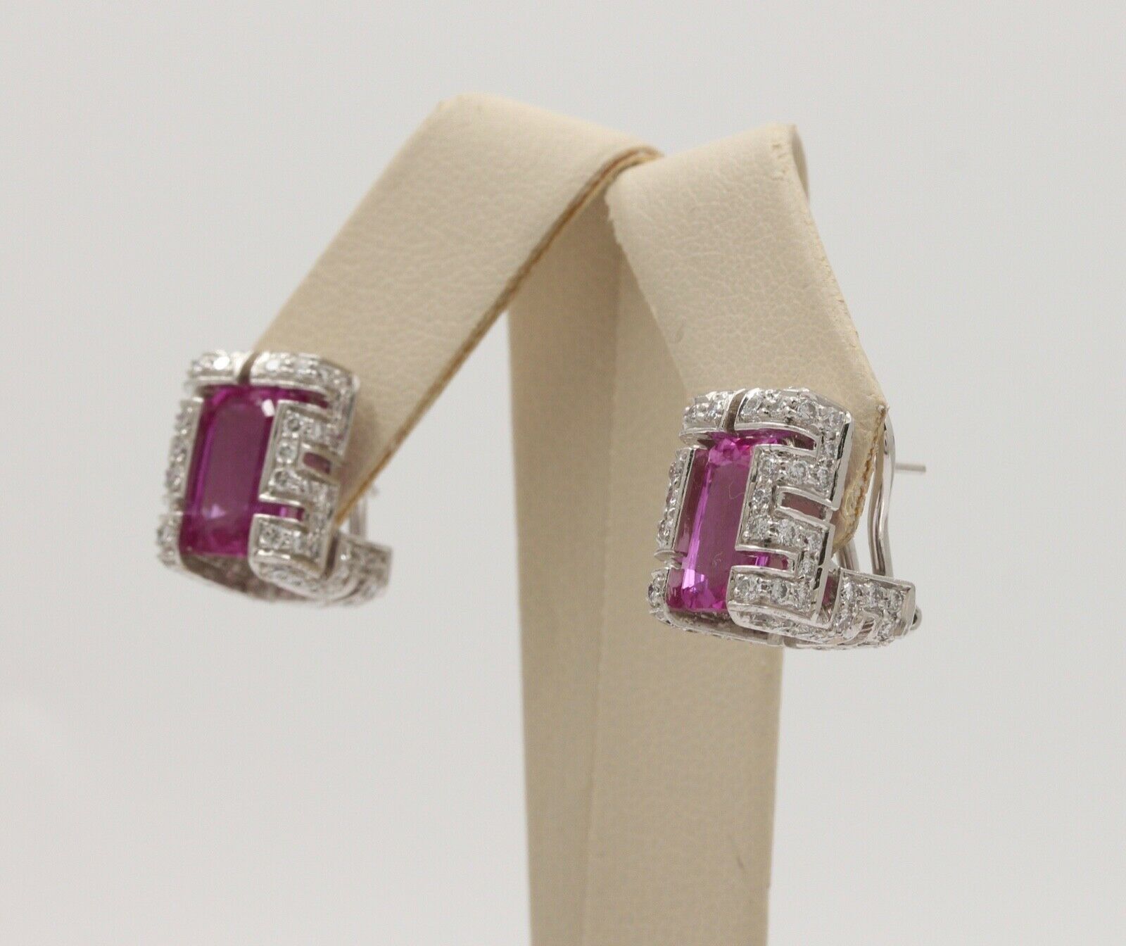 Vintage 18K White Gold Haggis’s Emerald Cut Pink Topaz Diamond Earrings