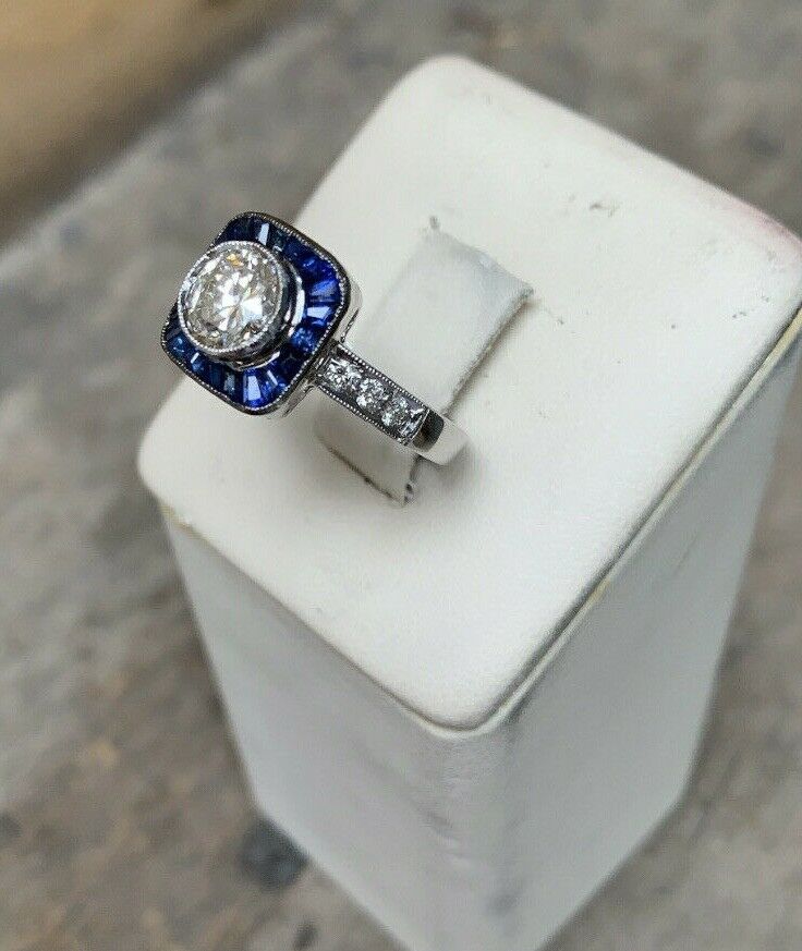 Vintage Art Deco Style 18K Gold Diamond & Sapphire Halo Ring, Engagement Ring.