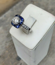 Load image into Gallery viewer, Vintage Art Deco Style 18K Gold Diamond &amp; Sapphire Halo Ring, Engagement Ring.
