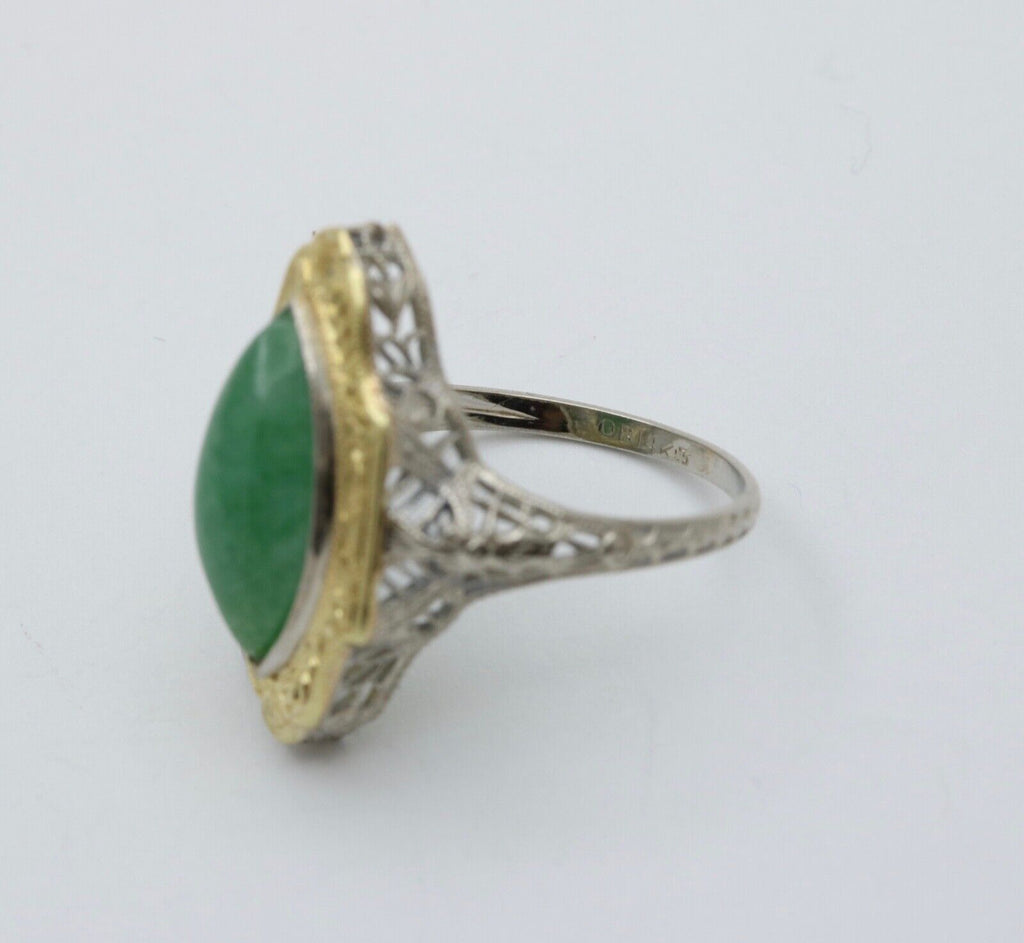 Art Deco 14K Gold Jade Navette Filigree Ring