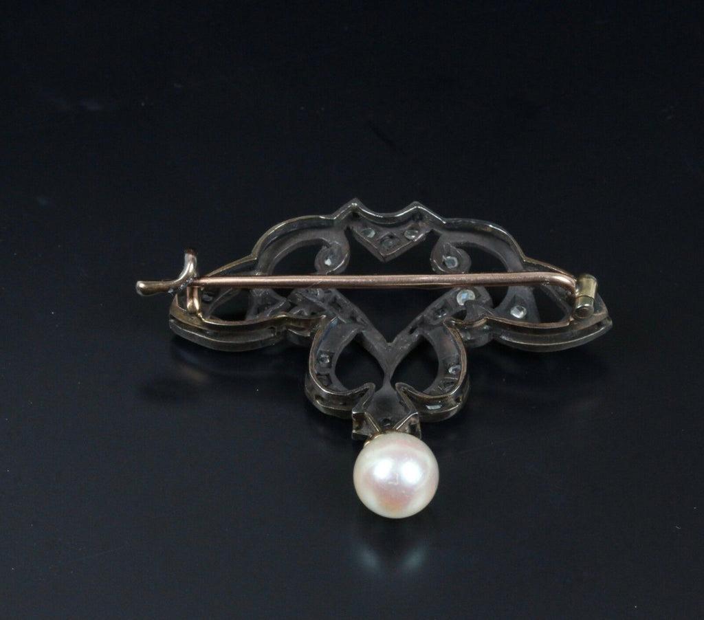 Victorian 10K Yellow Gold and Silver Diamond Pearl Brooch