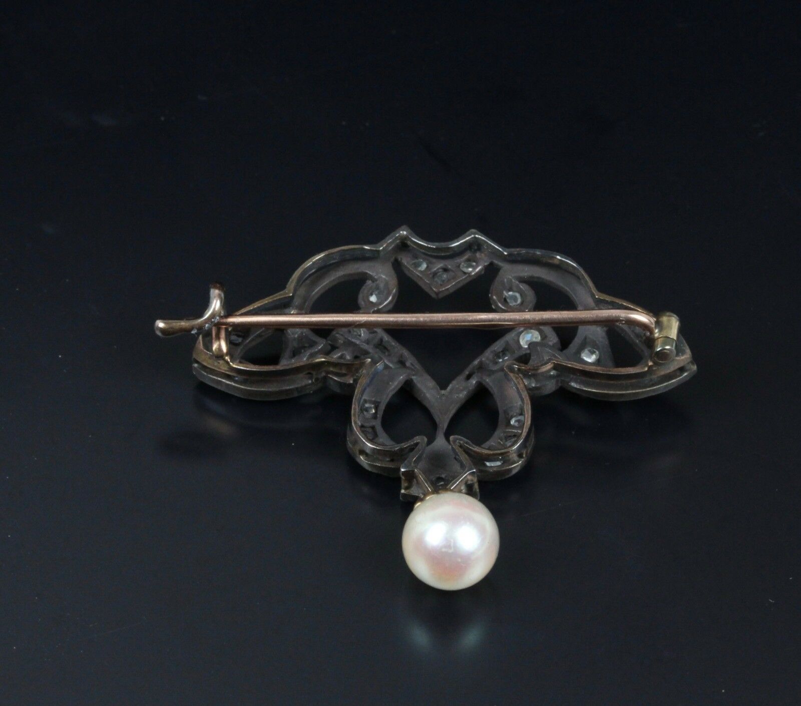 Victorian 10K Yellow Gold and Silver Diamond Pearl Brooch